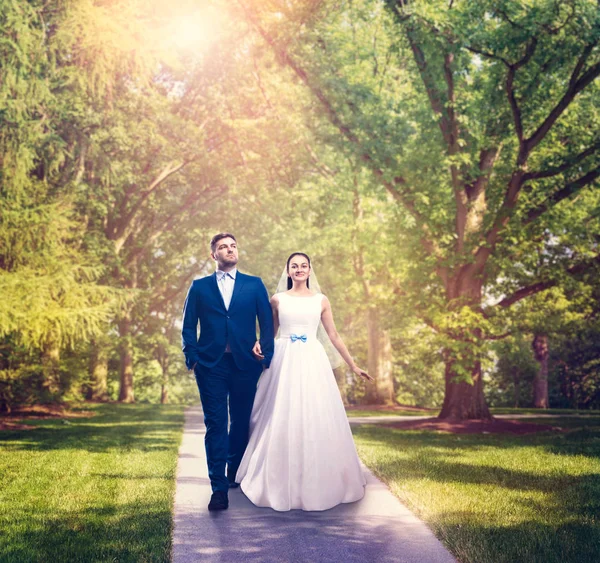 Ženich v obleku a nevěsta v bílých šatech — Stock fotografie