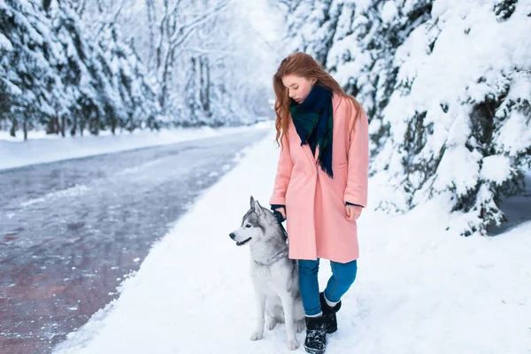 Młoda kobieta i siberian husky pies — Zdjęcie stockowe