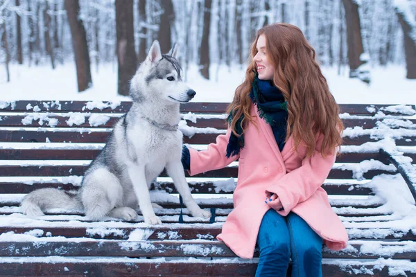 Giovane donna e siberiano husky cane — Foto Stock