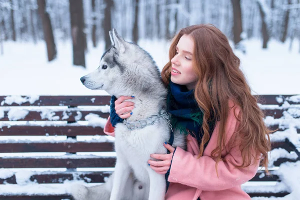 Jovem mulher e siberiano cão husky — Fotografia de Stock