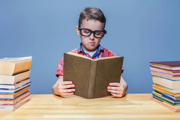 Schattig schooljongen leesboek — Stockfoto