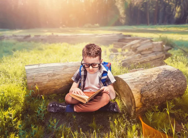 Schooljongen leesboek — Stockfoto