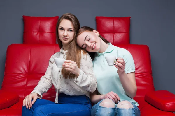 Two girlfriends drinking coffee — Stock Photo, Image
