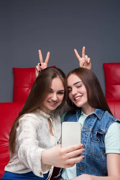 Zwei attraktive Freundinnen machen Selfie — Stockfoto