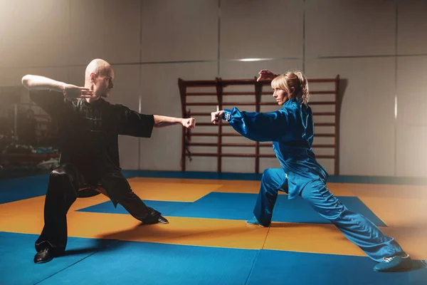 Mannelijke en vrouwelijke wushu strijders — Stockfoto