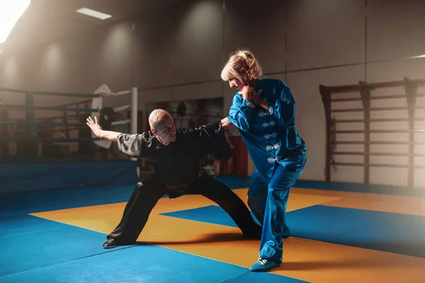 Mannelijke en vrouwelijke wushu strijders — Stockfoto