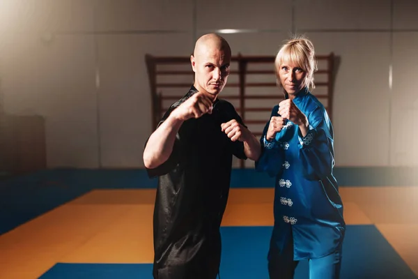 Lutadores wushu masculinos e femininos — Fotografia de Stock