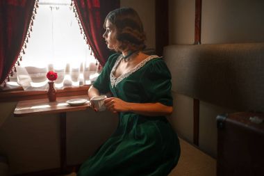 Retro tren seyahat eden genç kadın 