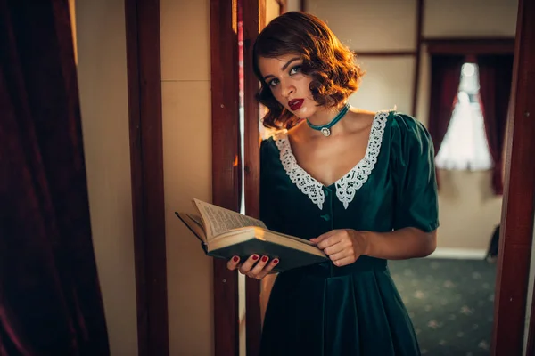 Young woman travelling in retro train — Stock Photo, Image