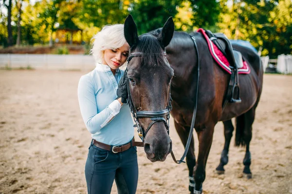 Kvinna klappa hästen — Stockfoto