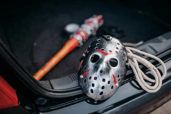 Máscara Hockey Primer Plano Cuerda Concepto Asesino Serie Instrumentos Maníaco — Foto de Stock