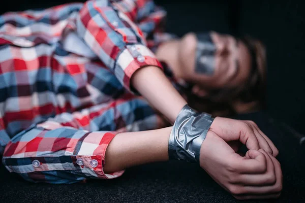 Female Victim Maniac Car Trunk Mouth Hands Sealed Duct Tape — Stock Photo, Image