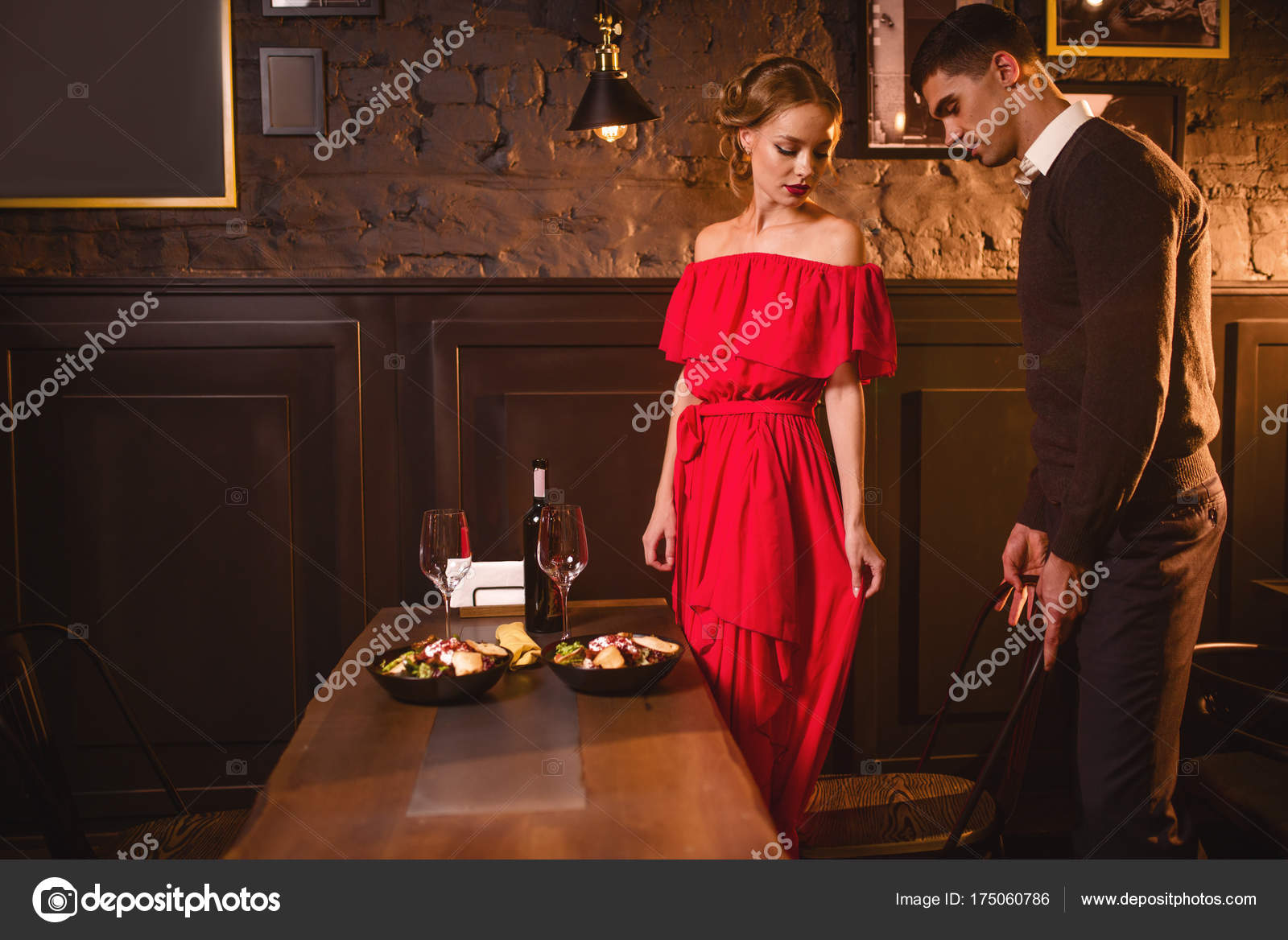 Young Love Couple Restaurant Romantic Date Elegant Woman Red Dress