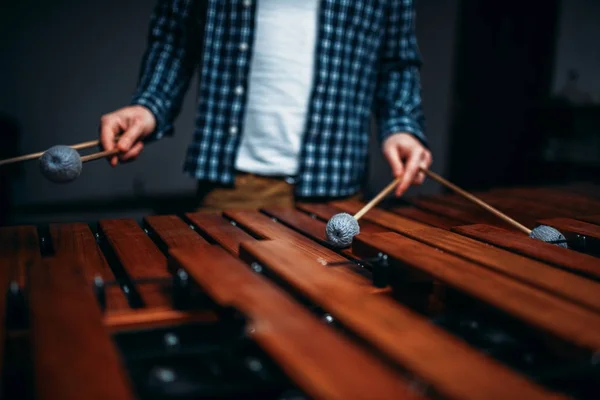 Xylofoon Speler Met Stokken Handen Muziekinstrument Percussie Vibrafoon — Stockfoto