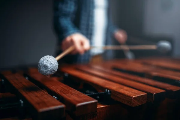 Xylofoon Speler Met Stokken Handen Muziekinstrument Percussie Vibrafoon — Stockfoto