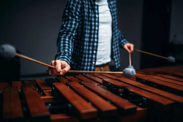Xylofoon Speler Met Stokken Handen Muziekinstrument Percussie Vibrafoon — Stockfoto
