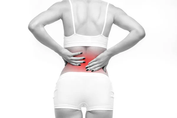 背中や腰痛 白地に背中の痛みを持つ女性 — ストック写真
