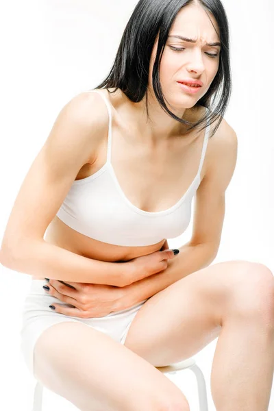Ból Brzucha Młoda Kobieta Żołądka Problemu Białym Tle Nad Białym — Zdjęcie stockowe