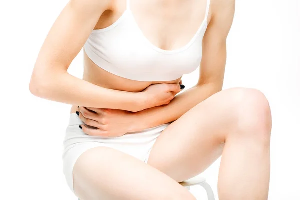 Ból Brzucha Młoda Kobieta Żołądka Problemu Białym Tle Nad Białym — Zdjęcie stockowe