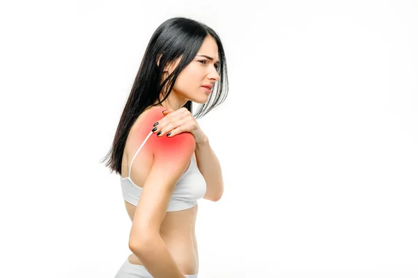 Gelenkschmerzen Frau Mit Schulterproblemen Isoliert Auf Weißem Hintergrund — Stockfoto