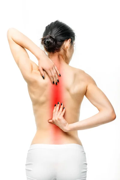 Dolor Espalda Mujer Joven Lencería Que Sufre Problema Columna Vertebral — Foto de Stock
