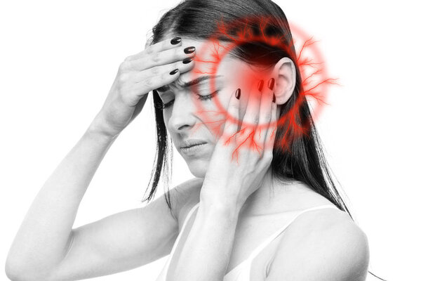 headache, sick woman with temple pain isolated on white background
