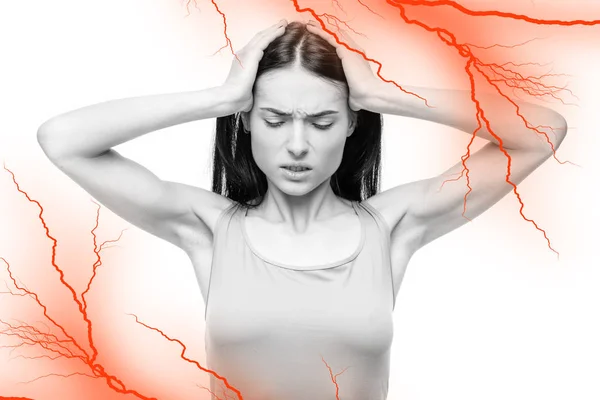 Πονοκέφαλος Άρρωστη Γυναίκα Ναό Πόνο Κόκκινο Νευρική Επίδραση Λευκό Φόντο — Φωτογραφία Αρχείου