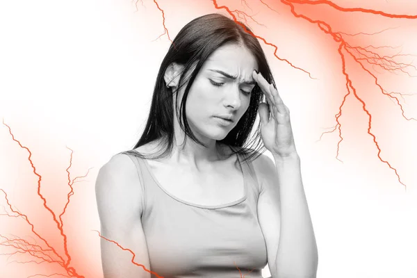 Ból Głowy Chory Kobieta Świątyni Ból Czerwony Nerwów Efekt Białe — Zdjęcie stockowe