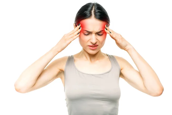 Ból Głowy Chory Kobieta Bólem Świątyni Białym Tle — Zdjęcie stockowe