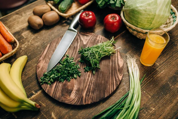 Fresh Fruits Herbs Vegetables Wooden Table Closeup Healthy Food Concept — Stock Photo, Image