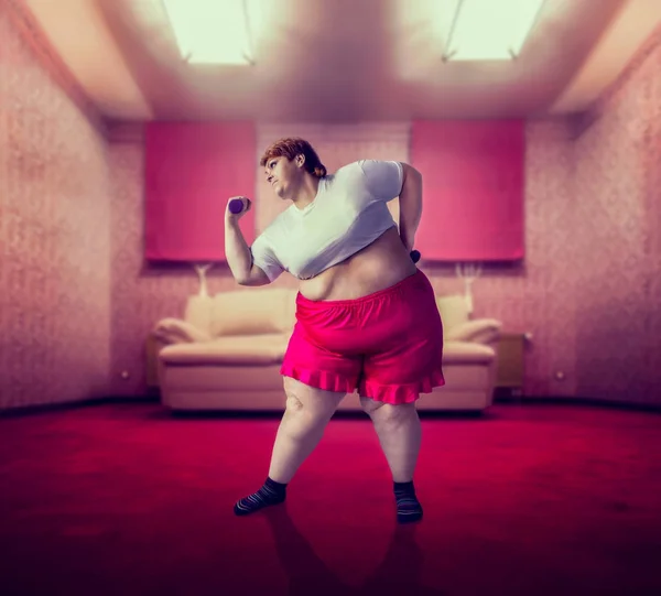Fat Woman Exercising Dumbbells Home Obesity Overweight Problem — Stock Photo, Image