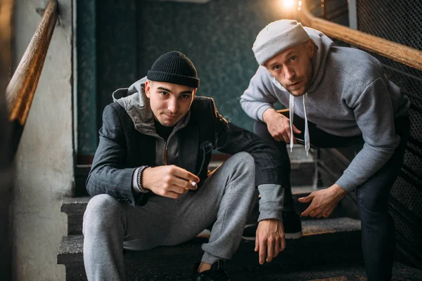 Two Male Robbers Stairs Street Bandits Waiting Victim Crime Concept — Stock Photo, Image