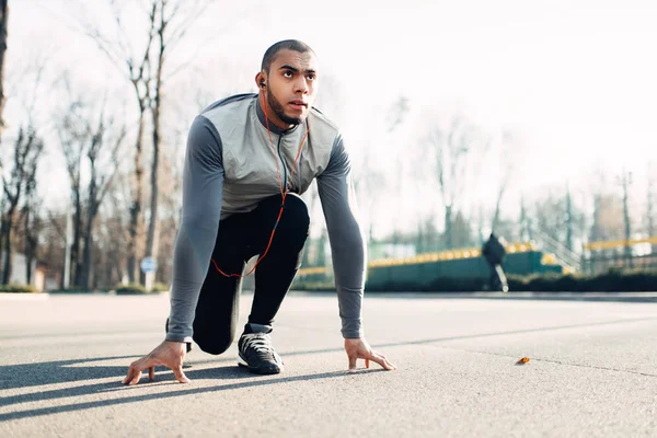 Young Male Jogger Ready Run Autumn Park Runner Sportswear Training — Stock Photo, Image