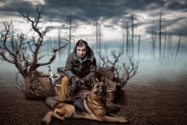 stalker with gas mask in hands and dog, friends in post apocalyptic world. Polluted nature on background clipart