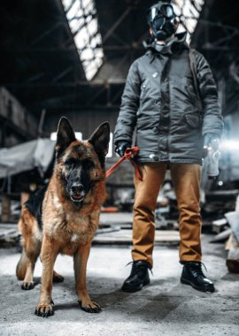 STALKER gaz maskesi ve köpek, dünyada kıyamet sonrası arkadaşlar içinde. Kıyameti yaşam kalıntıları, kıyamet kavramı üzerinde