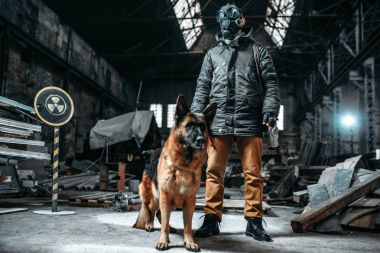 STALKER gaz maskesi ve köpek, dünyada kıyamet sonrası arkadaşlar içinde. Kıyameti yaşam kalıntıları, kıyamet kavramı üzerinde