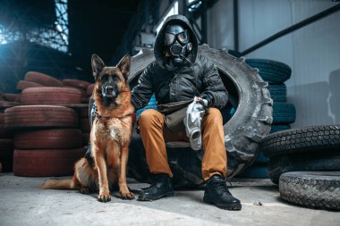 stalker in gas mask and dog, friends in post apocalyptic world. Post-apocalypse lifestyle on ruins, doomsday concept clipart