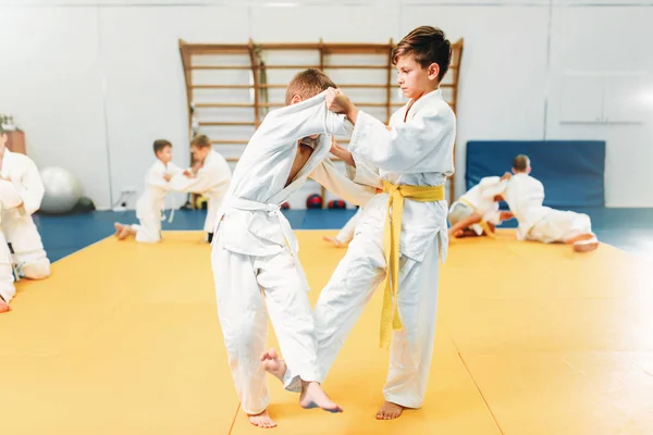 Chlapci Kimonu Praktikování Bojových Umění Tělocvičně Sportovní — Stock fotografie
