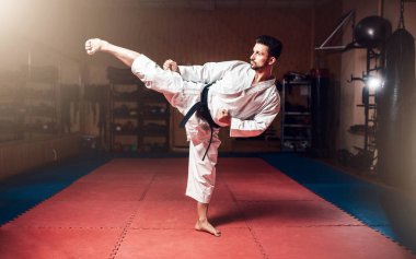 siyah kemer, karate salonunda eğitim ile beyaz kimono dövüşçü