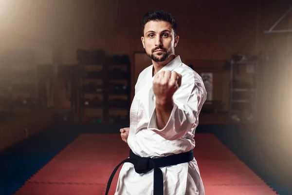 Fehér Kimonó Fekete Képzés Edzőteremben Karate Harcos — Stock Fotó