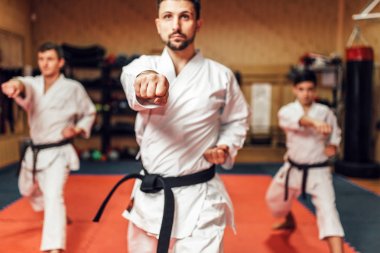 Dövüş sanatları karate ustası ve öğrencileri beyaz üniforma ve siyah bantlar, mücadele eğitim salonunda