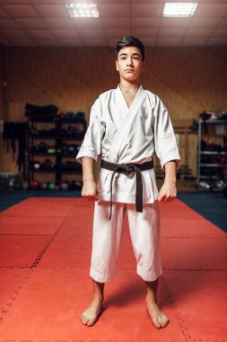siyah kemer, karate salonunda eğitim ile beyaz kimono içinde genç savaşçı