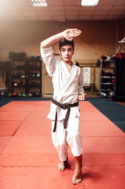 siyah kemer, karate salonunda eğitim ile beyaz kimono içinde genç savaşçı