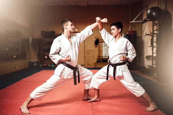 Mestres Karatê Artes Marciais Quimono Branco Cintos Pretos Treinamento Luta — Fotografia de Stock