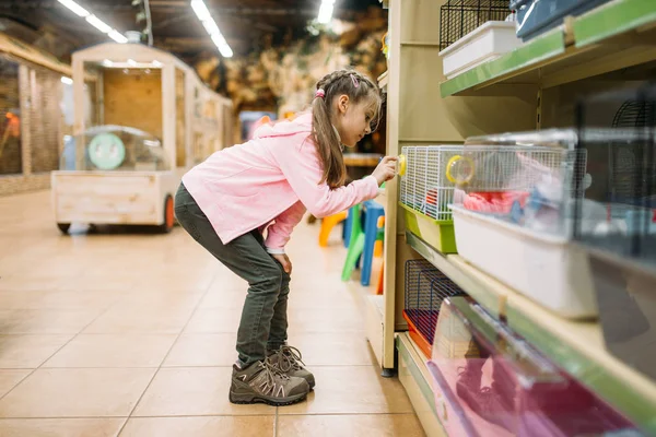 Meisje Speelt Met Hamster Dierenwinkel — Stockfoto