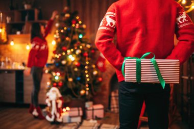 Noel tatili birlikte evde, kutluyor mutlu aşk çift koca karısına hediye vermek