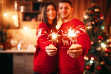 aşk çift havai fişekleri Noel romantik kutlama elinde tutan