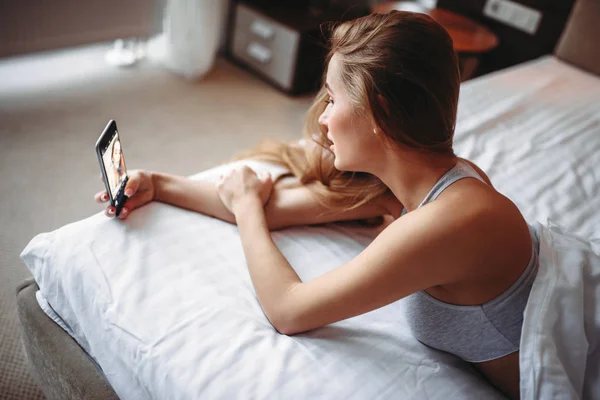 Attractive Woman Underwear Lying Bed Making Selfie Phone — Stock Photo, Image