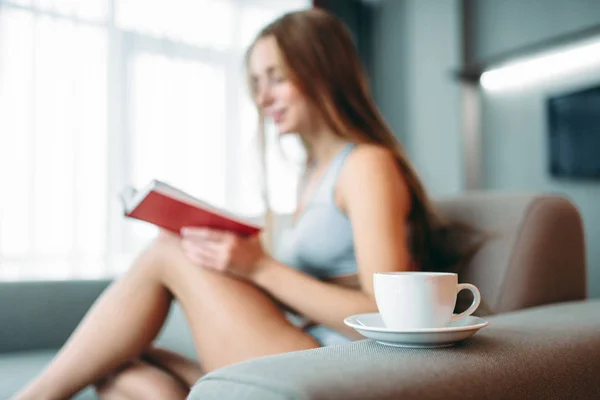 Beautiful Woman Underwear Sitting Couch Reading Book — Stock Photo, Image