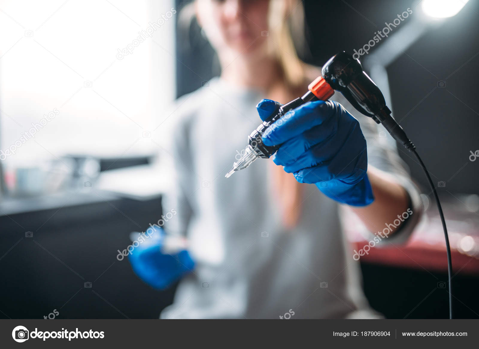 Female Tattooer Blue Sterile Gloves Preparing Tattoo Machine Tattooing